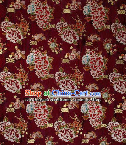 Asian Chinese Traditional Peony Plum Pattern Ruby Red Brocade Tibetan Robe Satin Fabric Silk Material