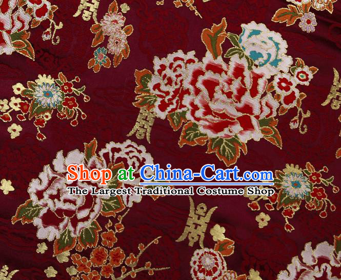 Asian Chinese Traditional Peony Plum Pattern Ruby Red Brocade Tibetan Robe Satin Fabric Silk Material