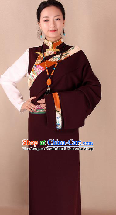 Traditional Chinese Zang Ethnic Dark Red Kangba Robe Tibetan Minority Folk Dance Costume for Women