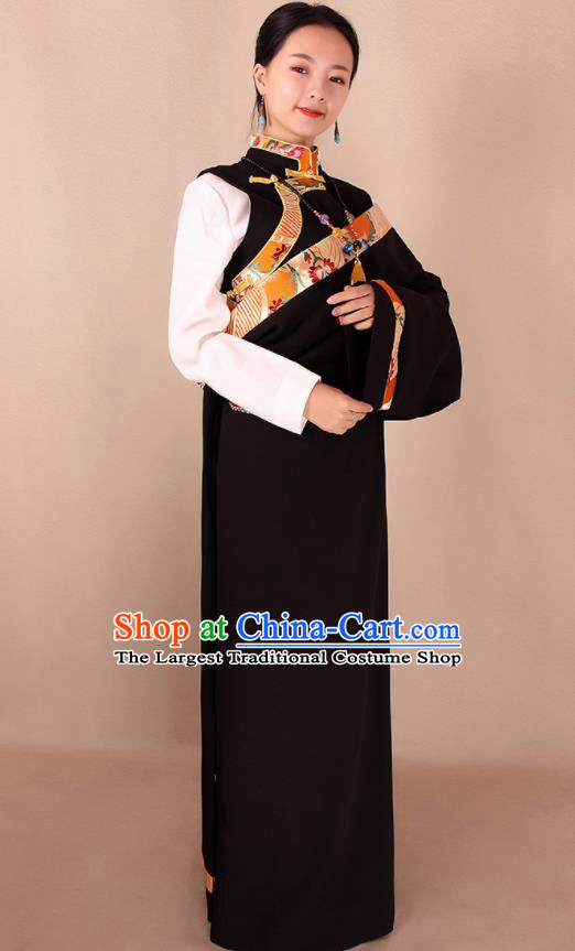Traditional Chinese Zang Ethnic Black Kangba Robe Tibetan Minority Folk Dance Costume for Women