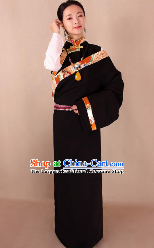 Traditional Chinese Zang Ethnic Black Kangba Robe Tibetan Minority Folk Dance Costume for Women