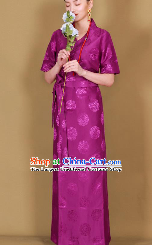 Traditional Chinese Zang Ethnic Purple Guozhuang Dress Tibetan Minority Folk Dance Costume for Women