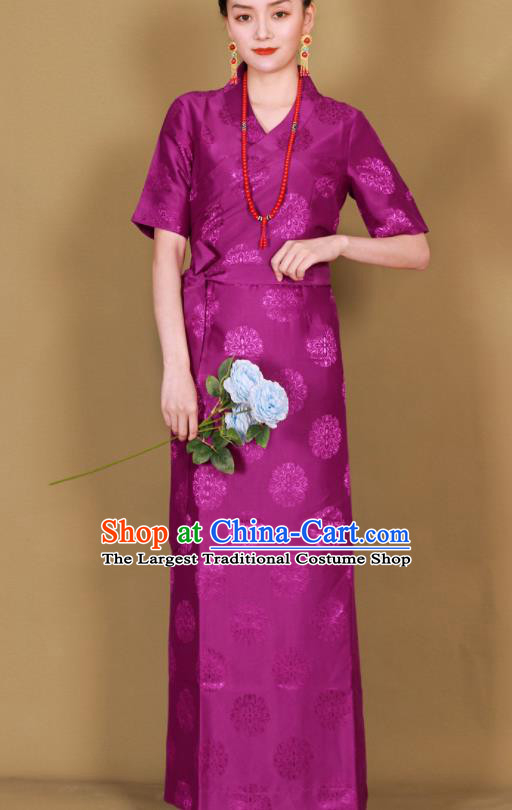 Traditional Chinese Zang Ethnic Purple Guozhuang Dress Tibetan Minority Folk Dance Costume for Women