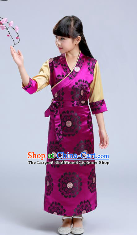 Traditional Chinese Zang Ethnic Girls Rosy Brocade Dress Tibetan Minority Folk Dance Costume for Kids