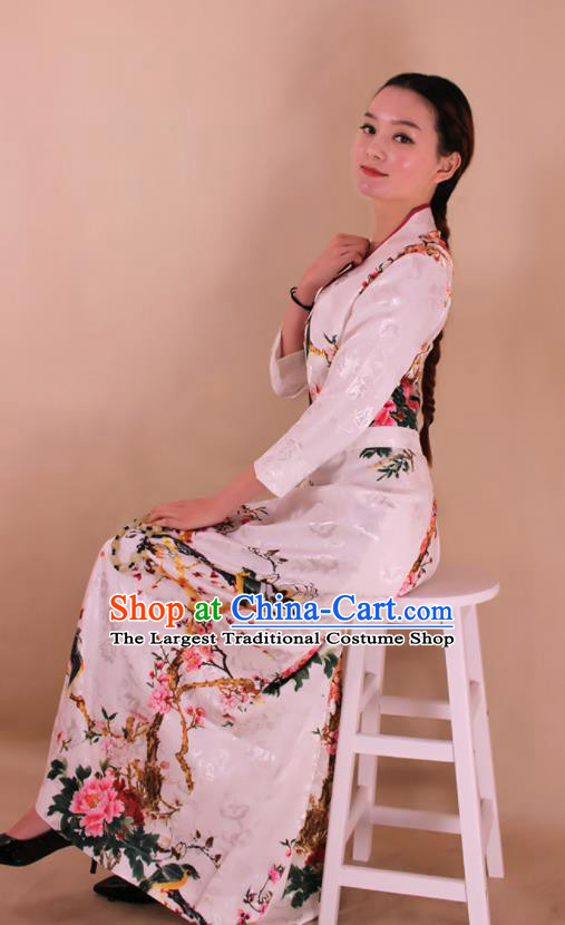 Traditional Chinese Zang Ethnic Printing White Dress Tibetan Minority Kangba Folk Dance Costume for Women