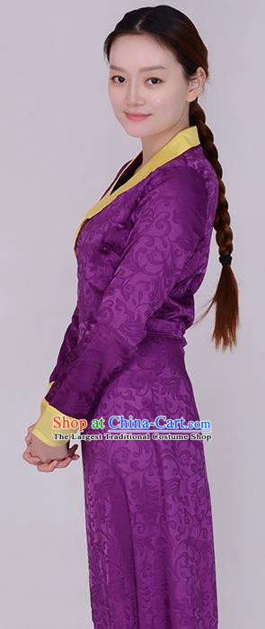 Traditional Chinese Zang Ethnic Folk Dance Purple Dress Tibetan Minority Costume for Women