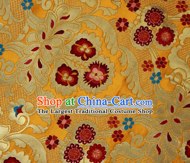 Asian Chinese Traditional Phoenix Galsang Flowers Pattern Yellow Brocade Tibetan Robe Satin Fabric Silk Material