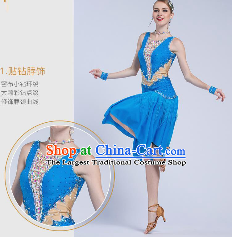 Top Grade Latin Dance Samba Blue Dress Modern Dance International Ballroom Dance Costume for Women