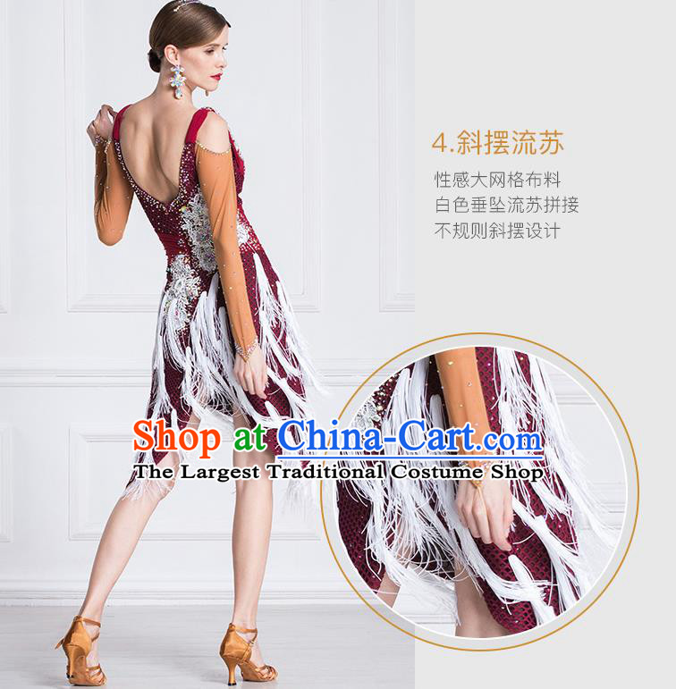 Top Grade Latin Dance Competition Samba Wine Red Dress Modern Dance International Ballroom Dance Costume for Women
