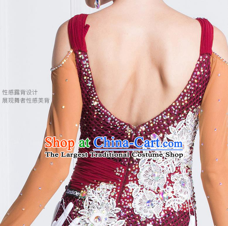 Top Grade Latin Dance Competition Samba Wine Red Dress Modern Dance International Ballroom Dance Costume for Women