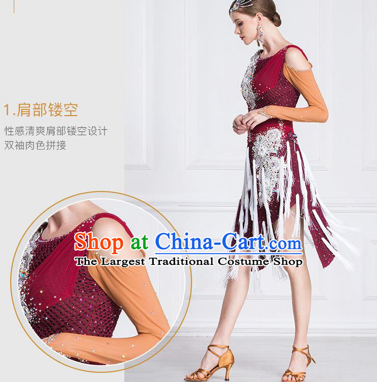 Top Grade Latin Dance Competition Samba Wine Red Dress Modern Dance International Ballroom Dance Costume for Women