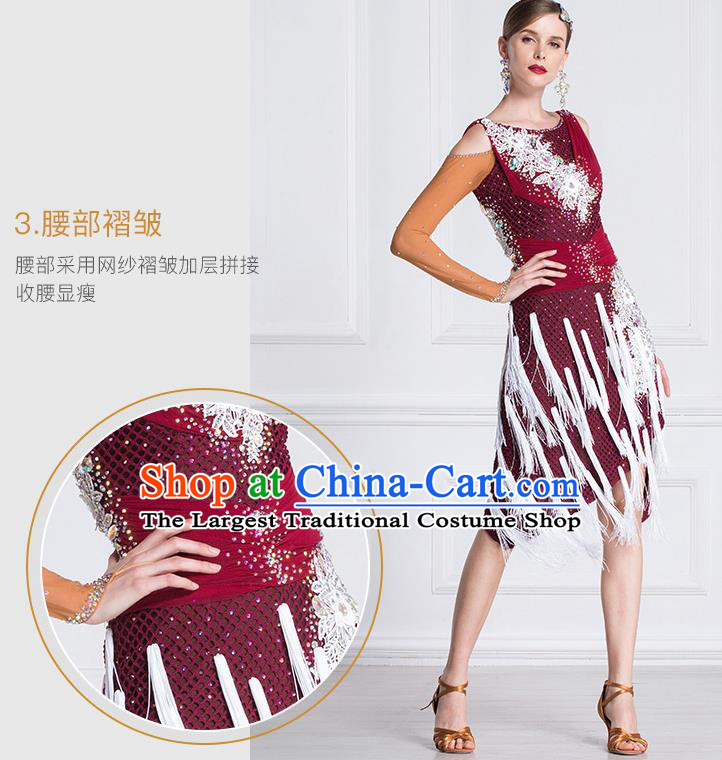 Top Grade Latin Dance Competition Samba Wine Red Dress Modern Dance International Ballroom Dance Costume for Women