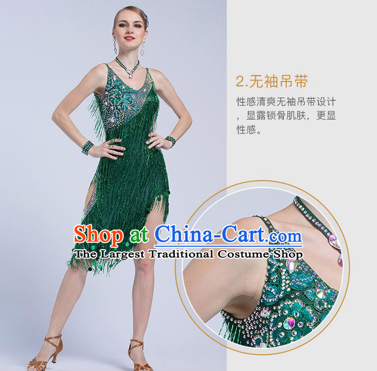 Top Grade Latin Dance Competition Cha Cha Green Tassel Dress Modern Dance International Ballroom Dance Costume for Women