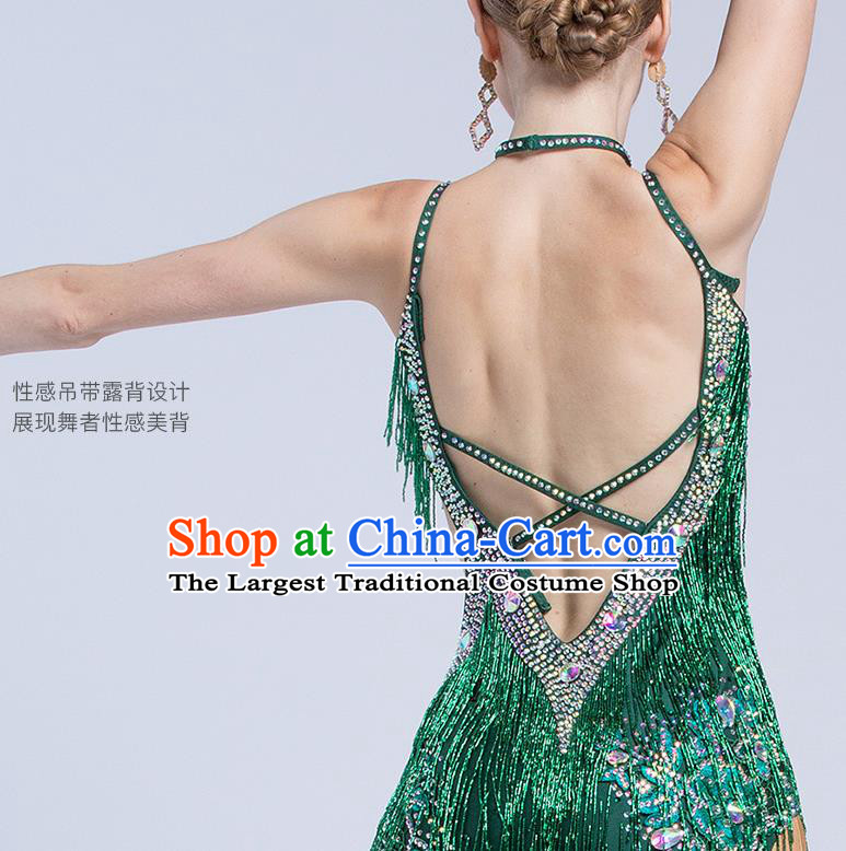 Top Grade Latin Dance Competition Cha Cha Green Tassel Dress Modern Dance International Ballroom Dance Costume for Women