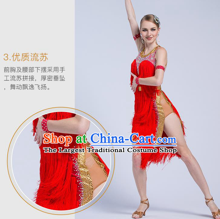 Top Grade Latin Dance Competition Cha Cha Red Tassel Dress Modern Dance International Ballroom Dance Costume for Women