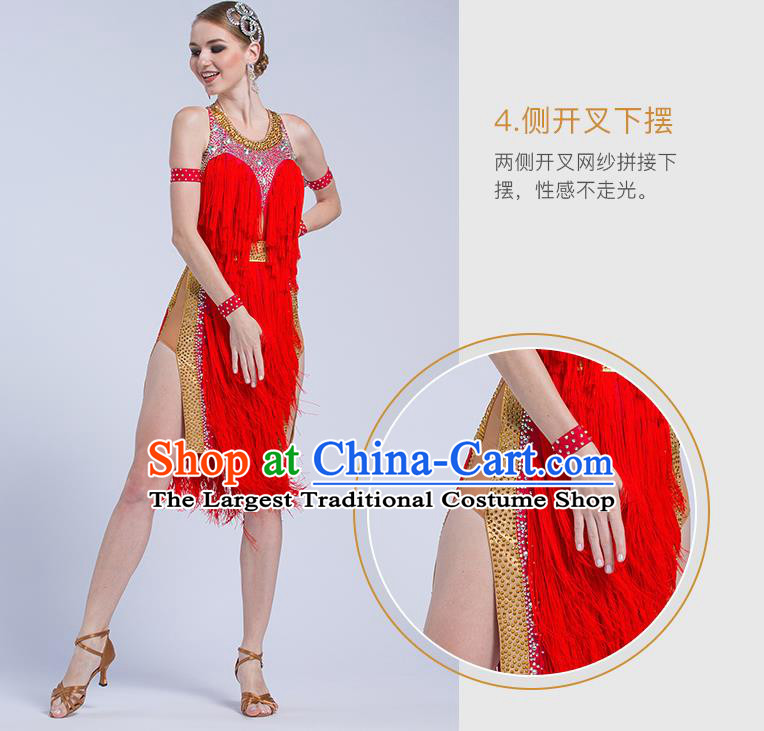 Top Grade Latin Dance Competition Cha Cha Red Tassel Dress Modern Dance International Ballroom Dance Costume for Women
