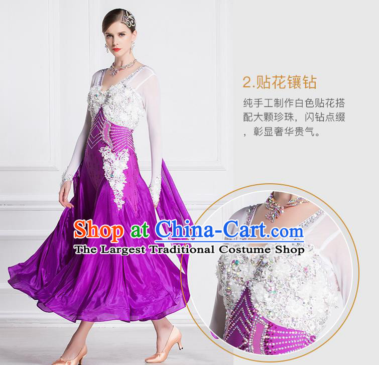 Professional International Waltz Dance Purple Dress Ballroom Dance Modern Dance Competition Costume for Women