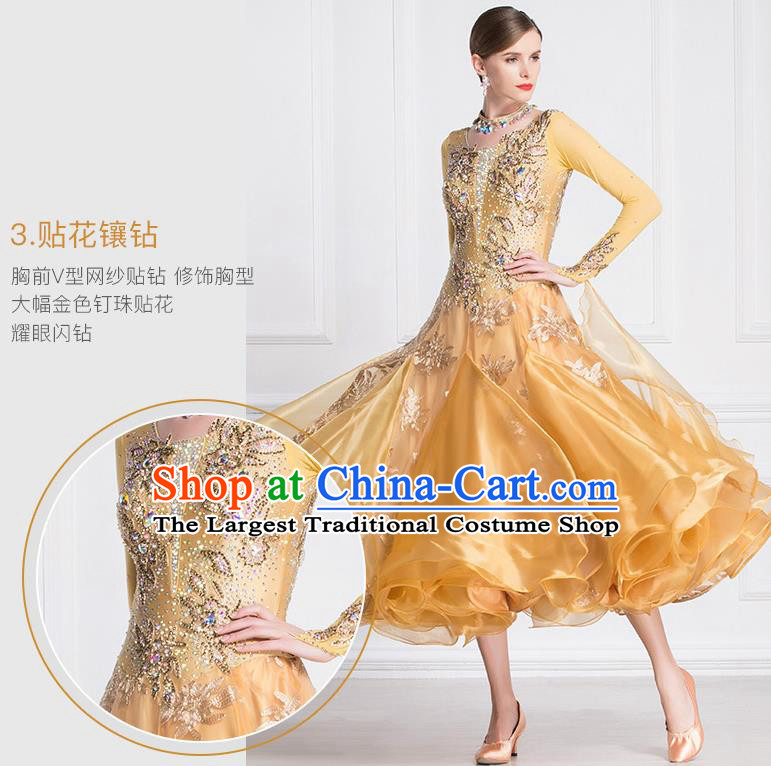 Professional International Waltz Dance Golden Dress Ballroom Dance Modern Dance Competition Costume for Women