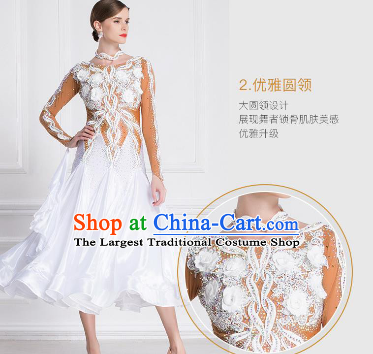 Top Grade International Waltz Dance White Flowers Dress Ballroom Dance Modern Dance Costume for Women