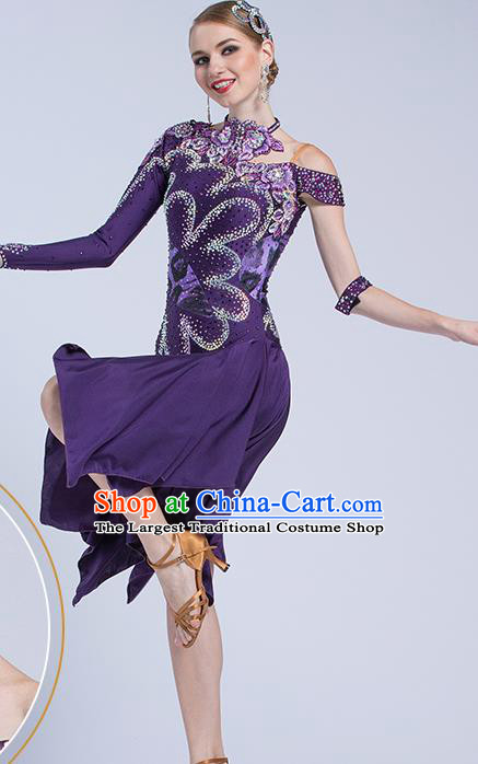 Top Latin Dance Competition Purple Dress Modern Dance International Rumba Dance Costume for Women