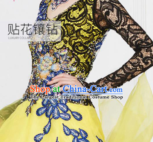 Professional Modern Dance Waltz Yellow Dress International Ballroom Dance Competition Costume for Women