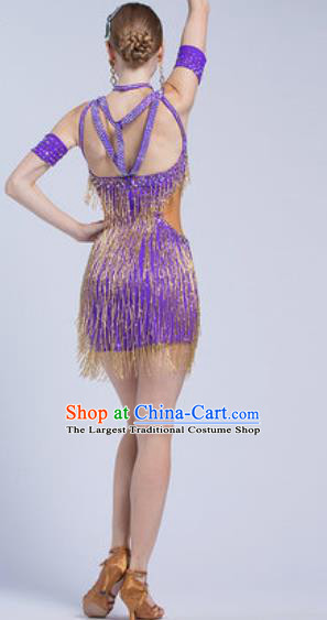 Top Latin Dance Competition Tassel Purple Dress Modern Dance International Rumba Dance Costume for Women