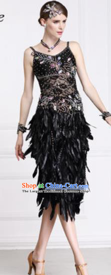 Professional Latin Dance Cha Cha Black Feather Lace Dress Modern Dance International Samba Dance Competition Costume for Women