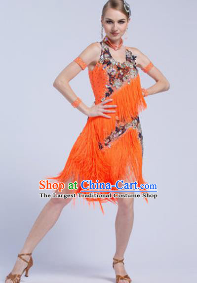 Professional Latin Dance Competition Orange Tassel Dress Modern Dance International Rumba Dance Costume for Women