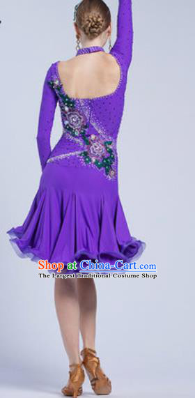 Professional Latin Dance Competition Purple Short Dress Modern Dance International Rumba Dance Costume for Women