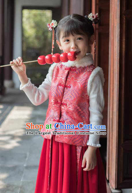 Chinese National Girls Red Vest Costume Traditional New Year Tang Suit Upper Outer Garment for Kids