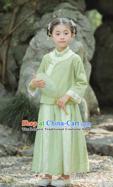 Chinese National Girls Green Cheongsam Costume Traditional New Year Qipao Dress for Kids