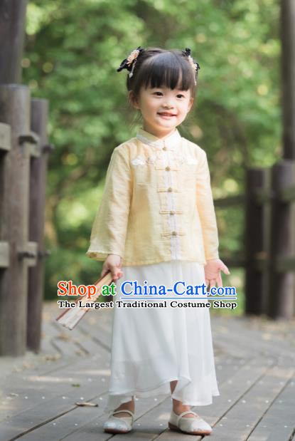 Chinese National Girls Yellow Cheongsam Blouse and White Skirt Traditional New Year Tang Suit Costume for Kids