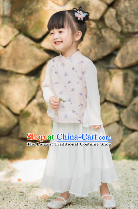 Chinese National Girls Pink Cheongsam Blouse and White Skirt Traditional New Year Tang Suit Costume for Kids