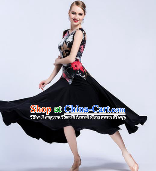 Top Grade Modern Dance Printing Black Dress Ballroom Dance International Waltz Competition Costume for Women
