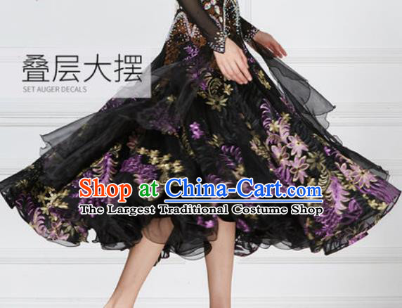 Top Grade Modern Dance Black Dress Ballroom Dance International Waltz Competition Costume for Women