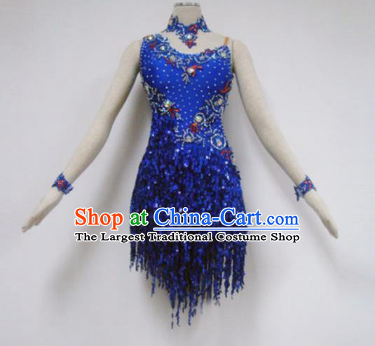 Professional Latin Dance Cha Cha Dance Royalblue Tassel Dress Modern Dance Competition Costume for Women