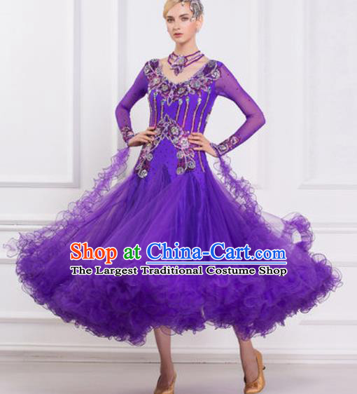 Top Grade Modern Dance Purple Veil Dress Ballroom Dance International Waltz Competition Costume for Women