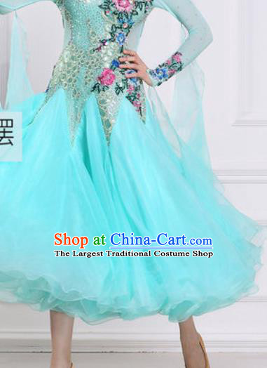 Top Grade Modern Dance Light Blue Veil Dress Ballroom Dance International Waltz Competition Costume for Women