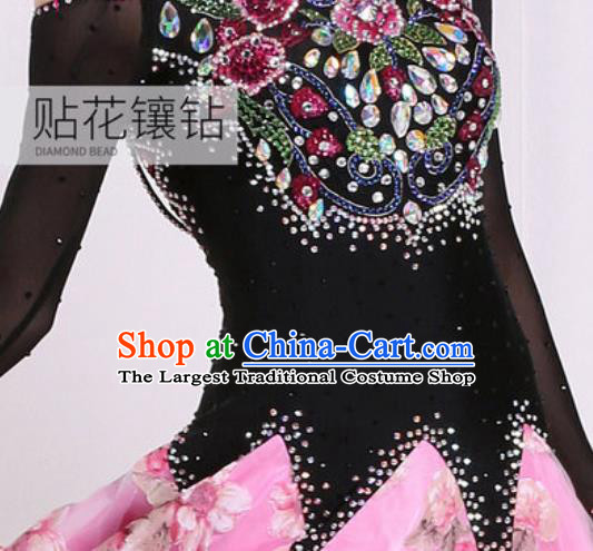 Top Grade Modern Dance Diamante Pink Dress Ballroom Dance International Waltz Competition Costume for Women