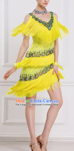 Professional Latin Dance Cha Cha Yellow Tassel Dress Modern Dance International Samba Dance Competition Costume for Women