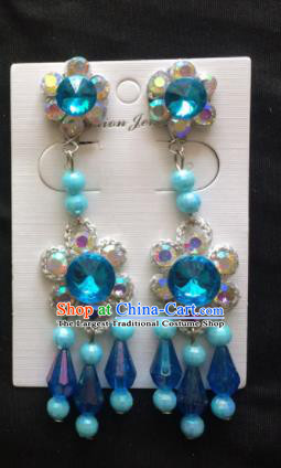Chinese Beijing Opera Diva Blue Beads Tassel Earrings Traditional Peking Opera Princess Ear Accessories for Women