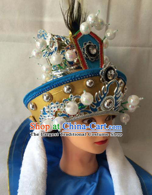 Chinese Beijing Opera Takefu Blue Hat Traditional Peking Opera Swordsman Helmet Headwear for Men