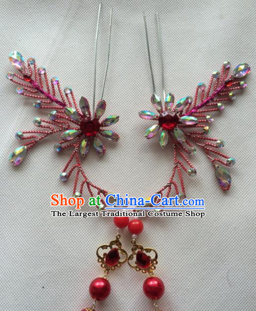 Chinese Beijing Opera Princess Red Tassel Hairpins Traditional Peking Opera Diva Hair Accessories for Women