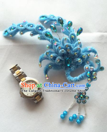 Chinese Beijing Opera Princess Blue Velvet Phoenix Hairpins Traditional Peking Opera Diva Hair Accessories for Women
