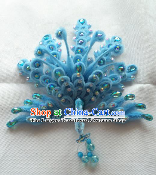 Chinese Beijing Opera Queen Blue Velvet Phoenix Hair Crown Hairpins Traditional Peking Opera Diva Hair Accessories for Women
