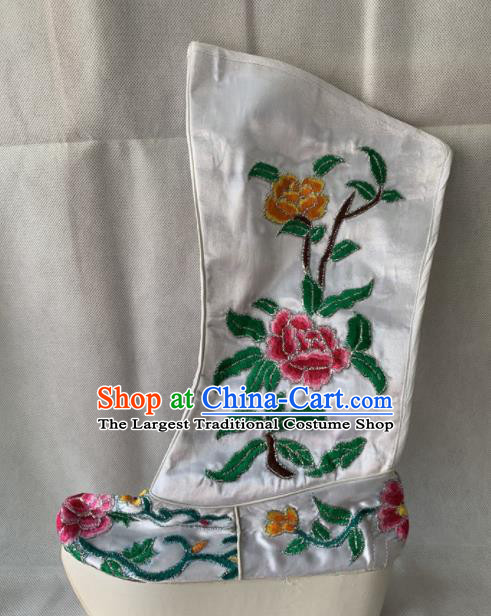 Chinese Beijing Opera Female White Boots Traditional Peking Opera Blues Embroidered Shoes for Women