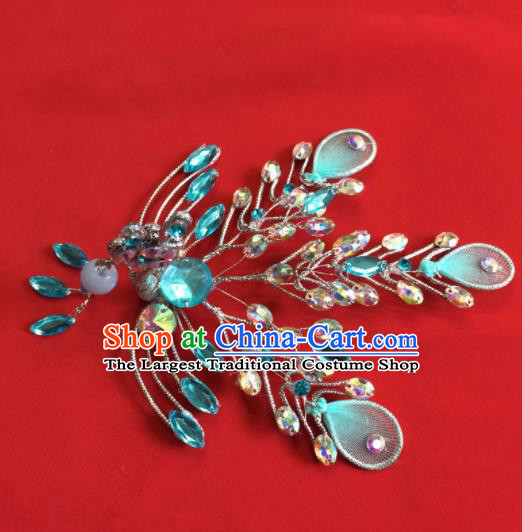 Chinese Beijing Opera Actress Blue Crystal Phoenix Hairpins Traditional Peking Opera Princess Hair Accessories for Women