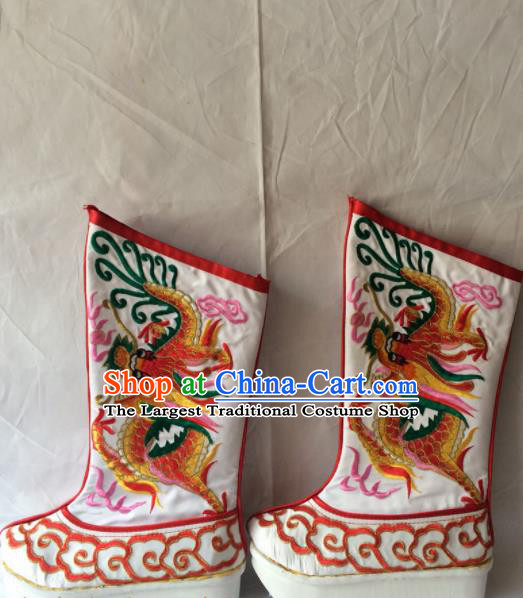 Chinese Beijing Opera Emperor White Boots Traditional Peking Opera Takefu Embroidered Red Dragon Shoes for Men