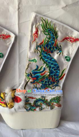Chinese Beijing Opera Emperor White Boots Traditional Peking Opera Takefu Embroidered Shoes for Men