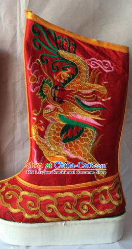 Chinese Beijing Opera Emperor Red Boots Traditional Peking Opera Takefu Embroidered Shoes for Men